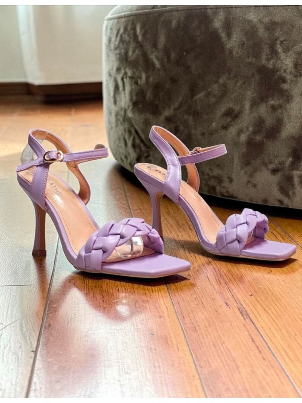 Braided Strap Purple High Heels With Ankle Strap & Square Toe Design